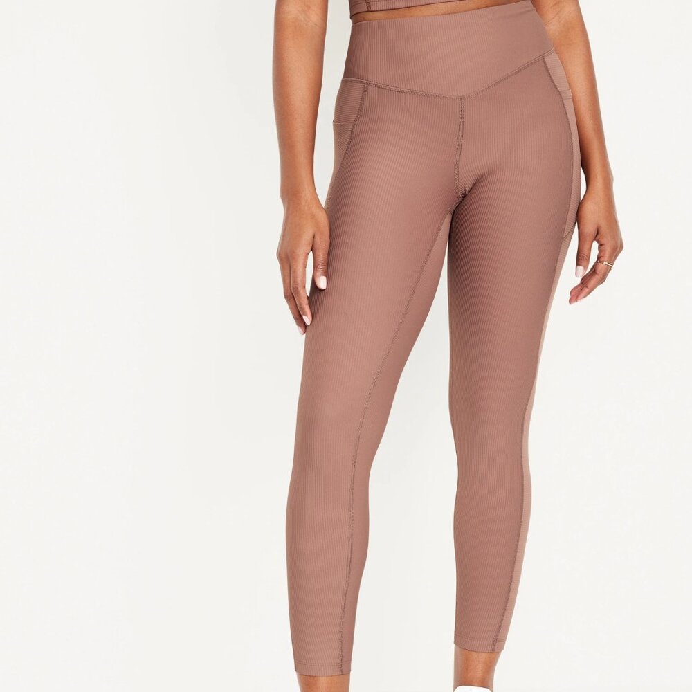 Old Navy High-Waisted PowerSoft Ribbed Pocket Leggings Warm Taupe Size S Tall